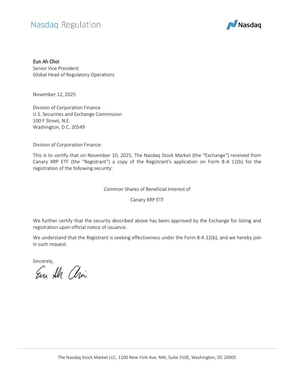 Official Nasdaq Listing Certificate document addressed to Eun Ah Choi as Global Head of Regulatory Operations dated November 10 2025 stating that the Nasdaq Market Exchange has received the registration application Form S-1 filed on 10/15 and approved the Registrant for listing upon official notice with confirmation that the registration is effective under Form S-8A signed by Eun Ah Choi at Nasdaq Listing Center 1001 Ave of the Americas Suite 1600 Washington DC 20005.