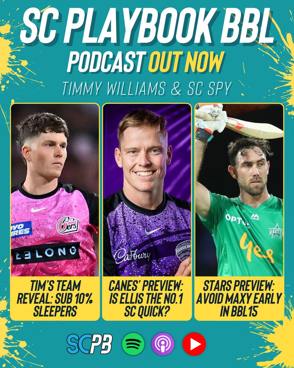 scplaybookcric's tweet image. TIM&apos;S TEAM REVEAL: No Maxy, 4x players under 10% owned!

With #SupercoachBBL open for business, @timwill94 and @SCSpy1 are on deck for the second episode of the BBL15 pre-season.

Search our new SCPB Cricket channel on Apple, Spotify or YouTube 📺 shorturl.at/PhDiI