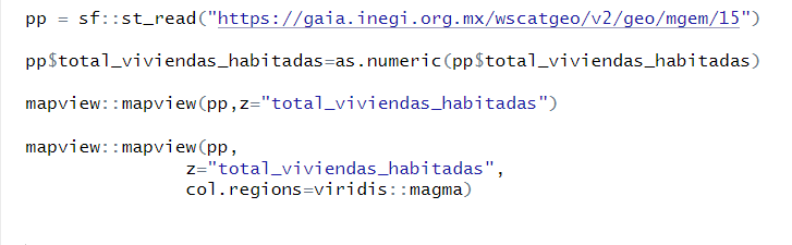 NoeOsorioPK's tweet photo. #30DayMapChallenge 
'10 minutes map' Viviendas habitadas por municipio.
Mapa en 4 líneas de código.
Desde @INEGI_INFORMA puedes leer cualquier geometría con datos de población y vivienda a nivel Ent, Mun y Ageb, así como sus vialidades

https://t.co/o6JGK0NcgD

#Rspatial #rstats https://t.co/WRACXlhFgc
