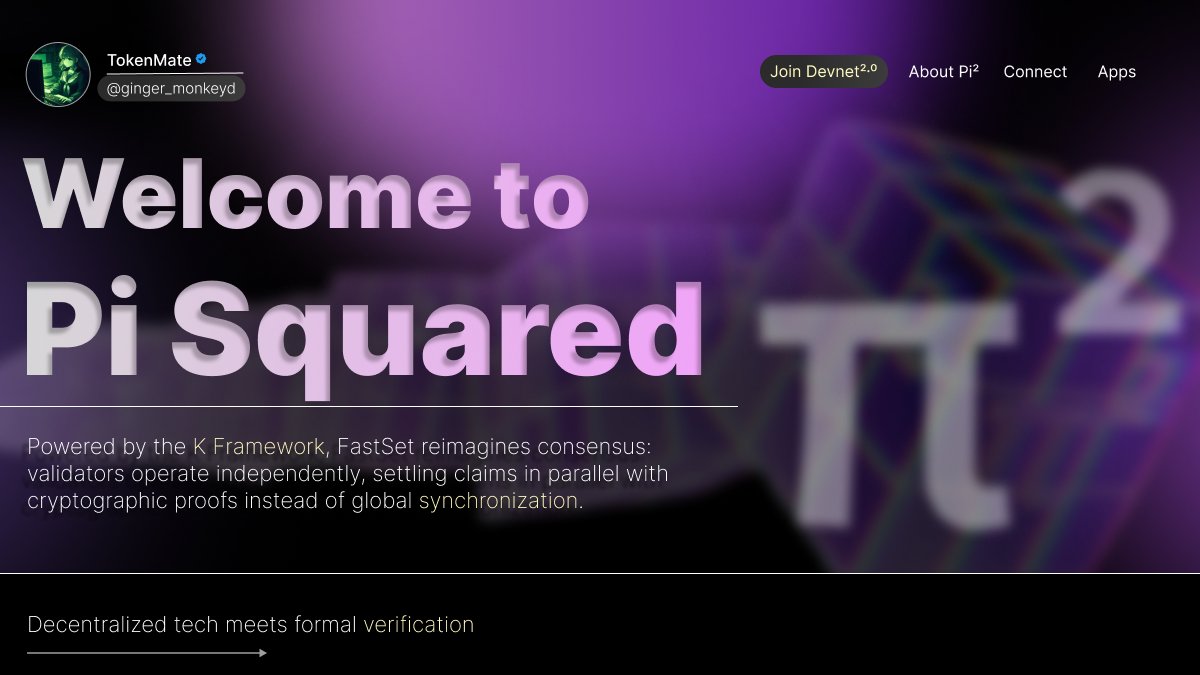 ginger_monkeyd's tweet image. Welcome to @Pi_Squared_Pi2  (π²) - where decentralized tech meets formal verification

Pi² is building FastSet, a settlement protocol designed for the scale of AI, digital assets, and dApps - delivering:

▸ Uncapped throughput
▸ Sub-100ms finality
▸ Real-time verifiability
▸…