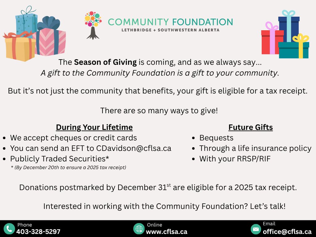 The season of giving is almost here! 

A gift to the Community Foundation is a gift to your community, and it's also eligible for a tax receipt.

To learn more about working with us, visit cflsa.ca/donate/