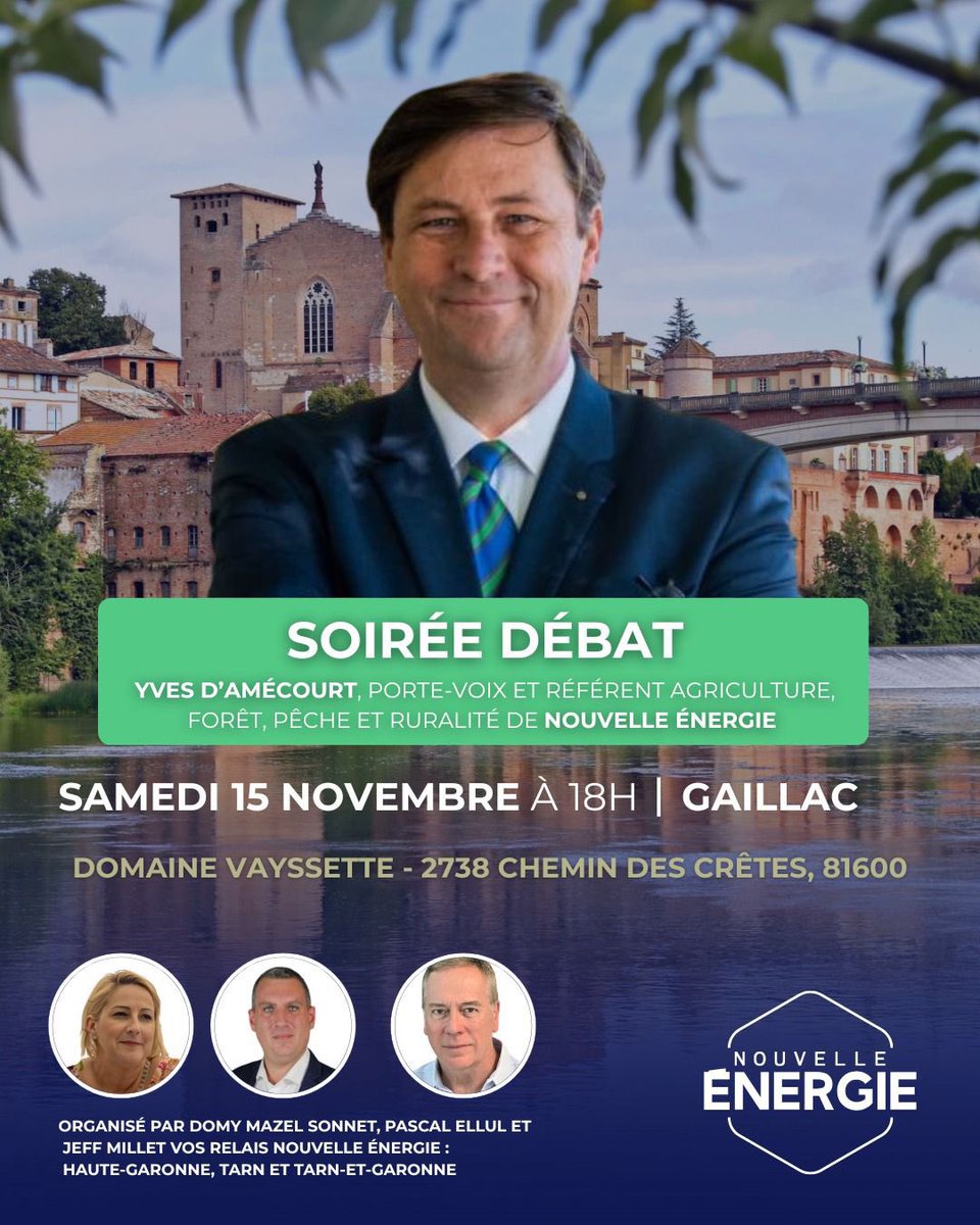 Retrouvons-nous à Gaillac le samedi 15 novembre pour débattre ensemble du projet de <a href="/davidlisnard/">David Lisnard</a> et <a href="/Nouv_Energie/">Nouvelle Énergie</a> pour la France avec  <a href="/PascalEllul/">Pascal Ellul</a> <a href="/DominiqueSonnet/">Dominique MAZEL-SONNET</a> et <a href="/Jef_Millet/">Jef</a>