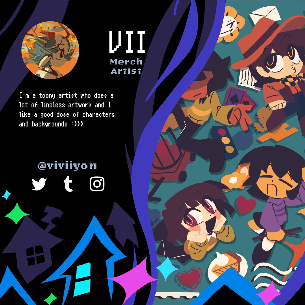 Next, we have the one and only <a href="/viviiyon/">Vivii</a>!! Their iconic, lineless style -- which you may have seen featured in Undertale Red &amp; Yellow -- is ever so joyous, so please look forward to their contribution to this project!!
#DELTARUNE