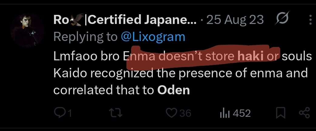 Lixogram's tweet image. This was already confirmed when Joyboy left his Haki in a rope 😂 

But check the replies when I was saying it😂
Kaido literally said he feels ODEN. But they were telling me NOOOO it's just Enma. 

"A dead guy can't have presence" bro, Kaido says he feels Oden presence. Read ?
