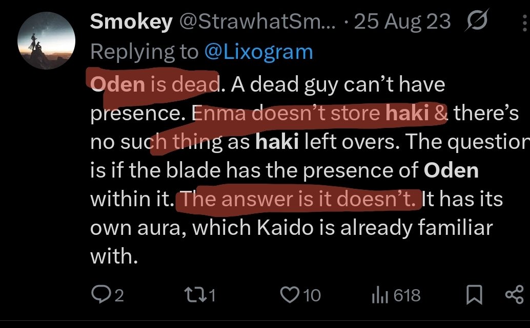 Lixogram's tweet image. This was already confirmed when Joyboy left his Haki in a rope 😂 

But check the replies when I was saying it😂
Kaido literally said he feels ODEN. But they were telling me NOOOO it's just Enma. 

"A dead guy can't have presence" bro, Kaido says he feels Oden presence. Read ?