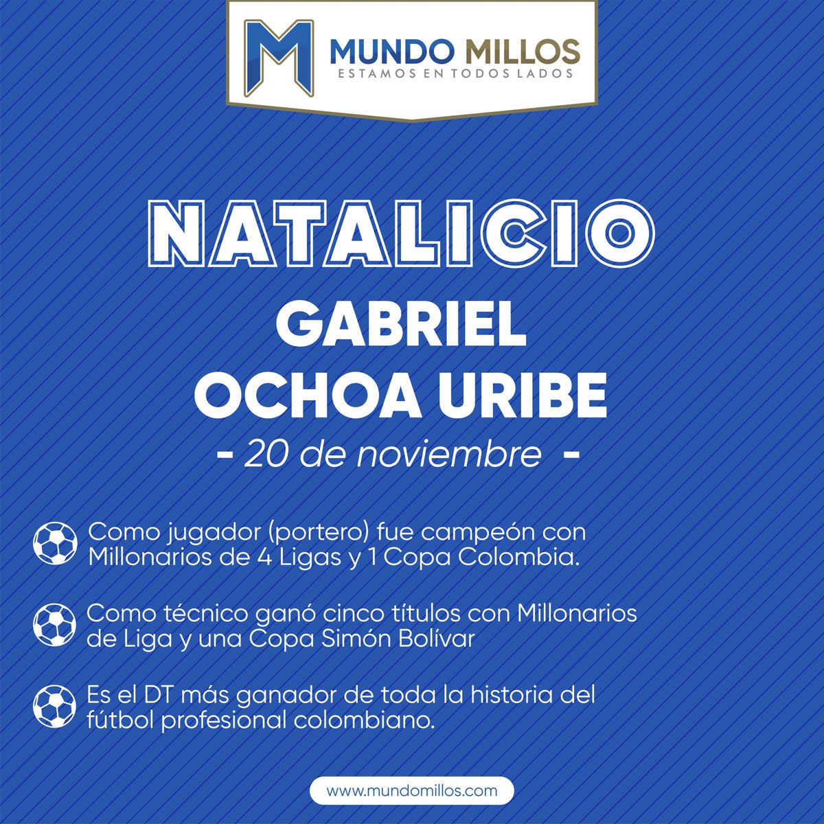 MundoMillos's tweet image. #NATALICIO un día como hoy en 1929 nacía el médico Gabriel Ochoa Uribe. Fue campeón con el Embajador como jugador 5 veces (4 Ligas y 1 Copa) y como DT en 6 ocasiones (5 Ligas y 1 Copa Simón Bolívar).

Sin duda una leyenda de Millonarios y de todo el FPC.

#EstamosEnTodosLados