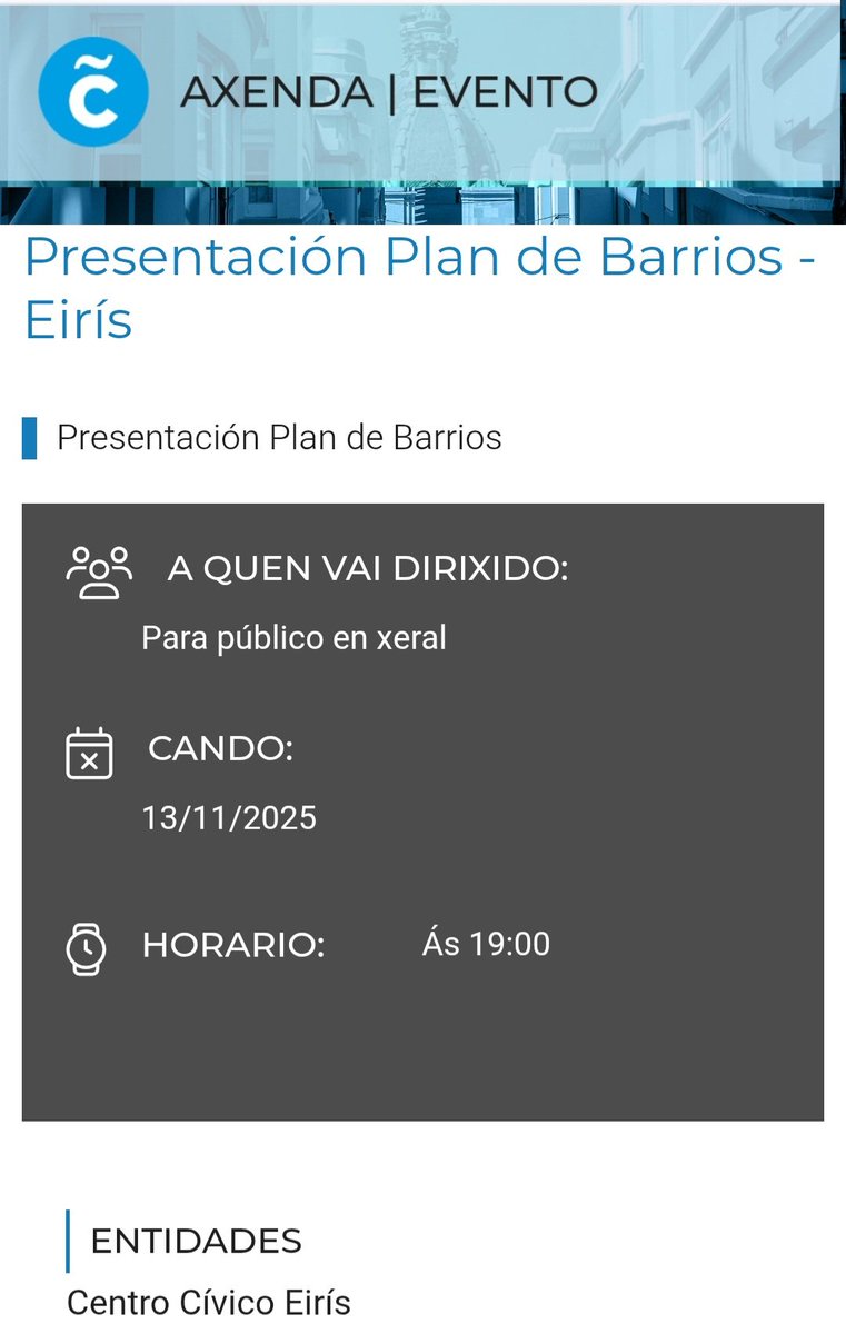 Este xoves 13 de novembro achegarase ó Centro Cívico de Eirís ás 19h a alcaldesa e varias concelleiras e concelleiros para presentarnos os proxectos nos que van investir nos barrios entre 2025 e 2027. Nesta ocasión falarase do barrio de #Eirís.
#ACoruna
Achegádevos e participade!