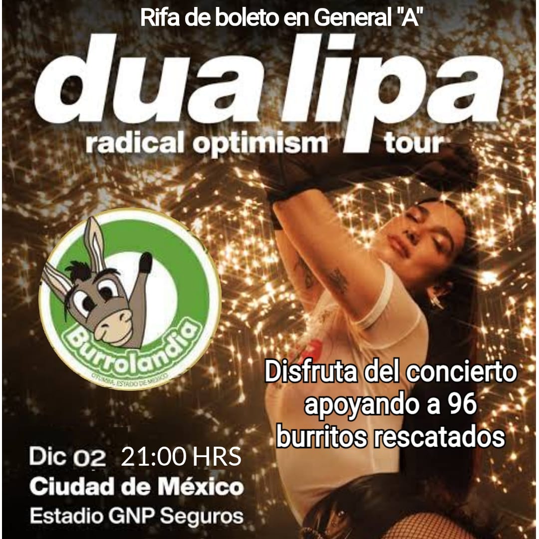 Burrolandia_mx's tweet photo. ¡BURROLANDIA TE LLEVA AL CONCIERTO DE DUA LIPA! 🎤🎉

LA RIFA SE LLEVARA ACABO EL VIERNES 28 DE NOVIEMBRE A LAS 3:00 PM.

SOLO SE RIFARAN 30 BOLETOS CON UN PRECIO DE $150 CADA UNO.

¡Mientras tú disfrutas del concierto, ellos disfrutarán de alimentos cuidados y amor! 🤗👏🏻 https://t.co/h1rjdhCnFi