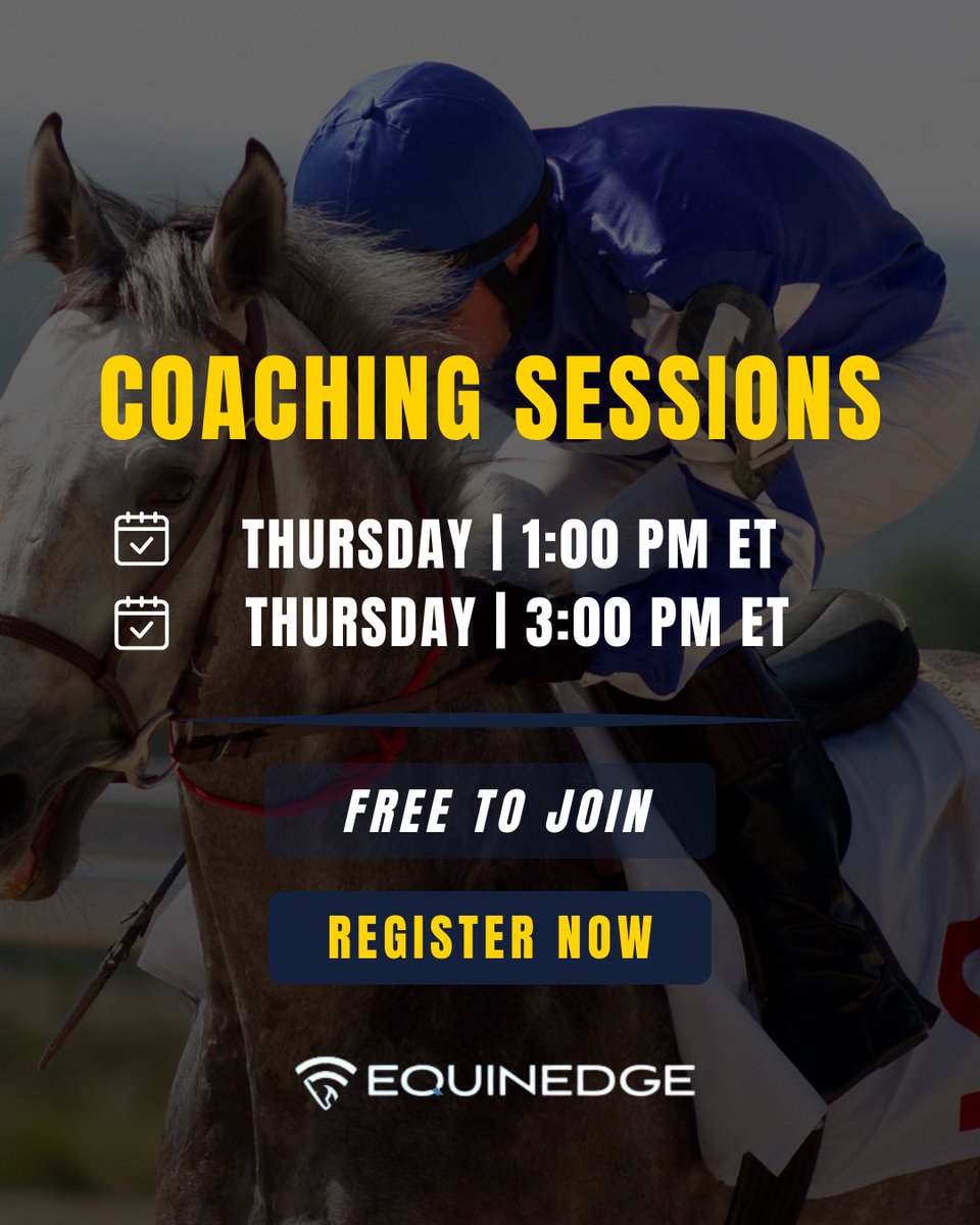 EquinEdge's tweet image. Missed today’s class? No worries — we’ve got you covered! Join our next TWO FREE coaching sessions tomorrow at 1 PM &amp;amp; 3PM ET and learn how to get your edge with EquinEdge 💻 calendly.com/scottypick6/eq…

#EquinEdge #HorseRacing #Handicapping