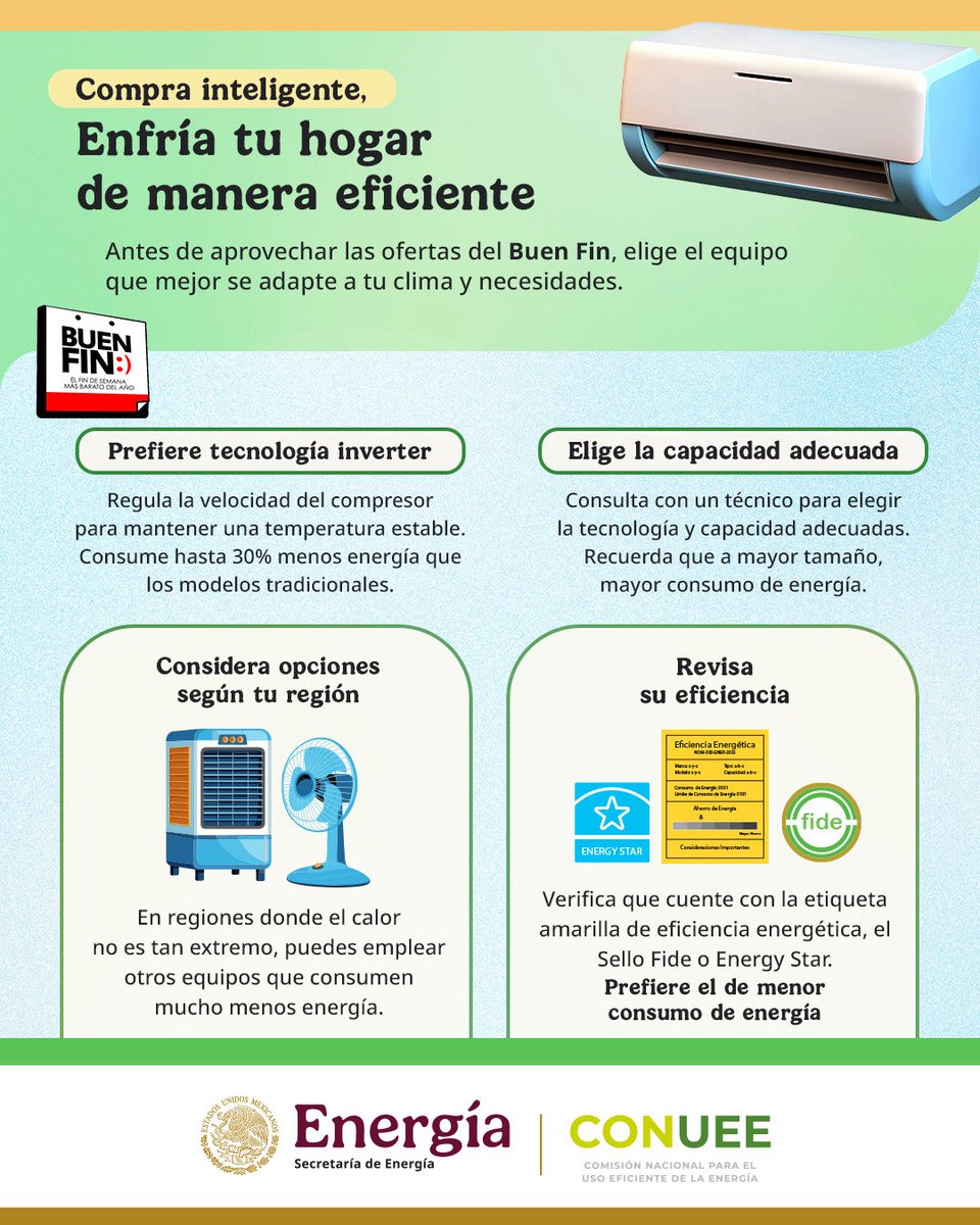 ¡Este #BuenFin, enfría tu hogar de manera eficiente! 
Prefiere equipos con tecnología inverter, elige la capacidad adecuada y busca la etiqueta amarilla de #EficienciaEnergética, el Sello FIDE o Energy Star.
❄️ Consume menos y disfruta más confort