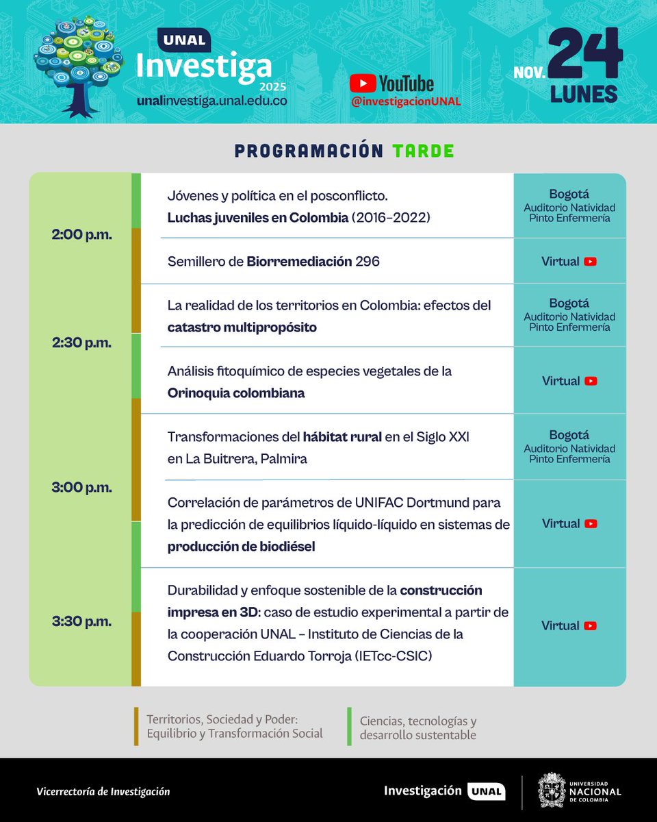 📣 ¡UNAL Investiga 2025 te espera!

Conoce la programación y a súmate para #HacerloComún ✨

🔎 La programación puede estar sujeta a cambios. Consulta siempre la página oficial de UNAL Investiga: 

#UNALInvestiga