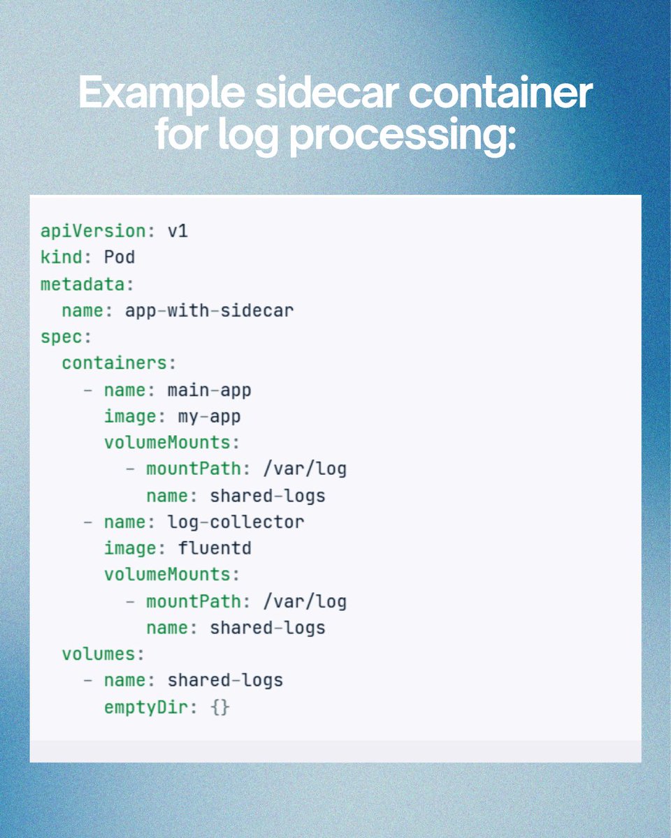 SarathV174193's tweet image. In Kubernetes, 
a Pod can hold more than one container and one of them could be a sidecar! 
it help your main app handle tasks like log collection, security proxies, or config sync.
It’s a smart way to keep apps modular and manage. 🚀
#KubernetesLearning #DevOps #CloudEngineering