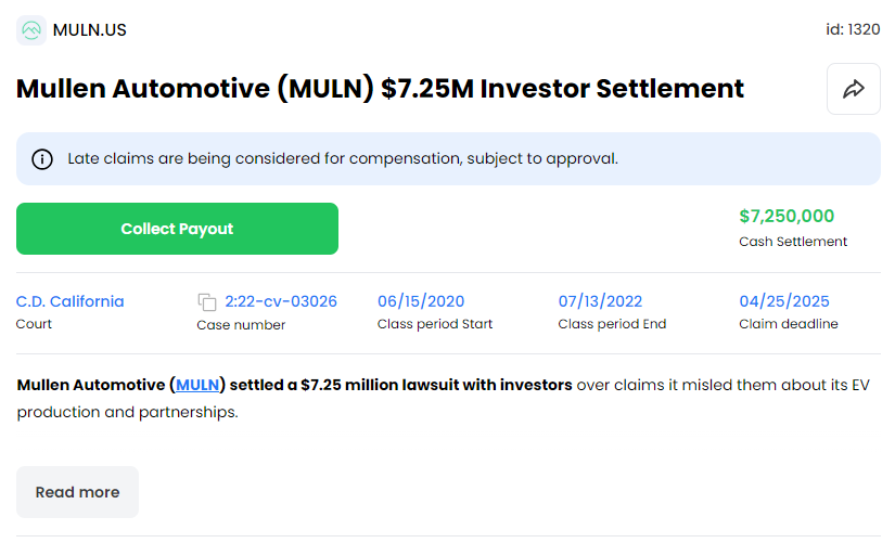11thestate's tweet image. While we wait for further updates on $MULN, here are two things to check:        

• The $7.25M settlement is open for late claims — don’t miss it.   
• There are two active cases against #Mullen right now. Later, they might be the only way to recover anything.