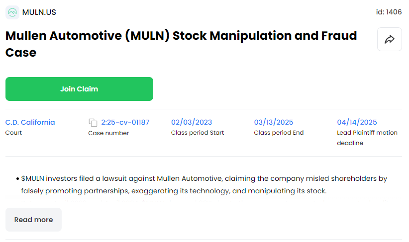 11thestate's tweet image. While we wait for further updates on $MULN, here are two things to check:        

• The $7.25M settlement is open for late claims — don’t miss it.   
• There are two active cases against #Mullen right now. Later, they might be the only way to recover anything.