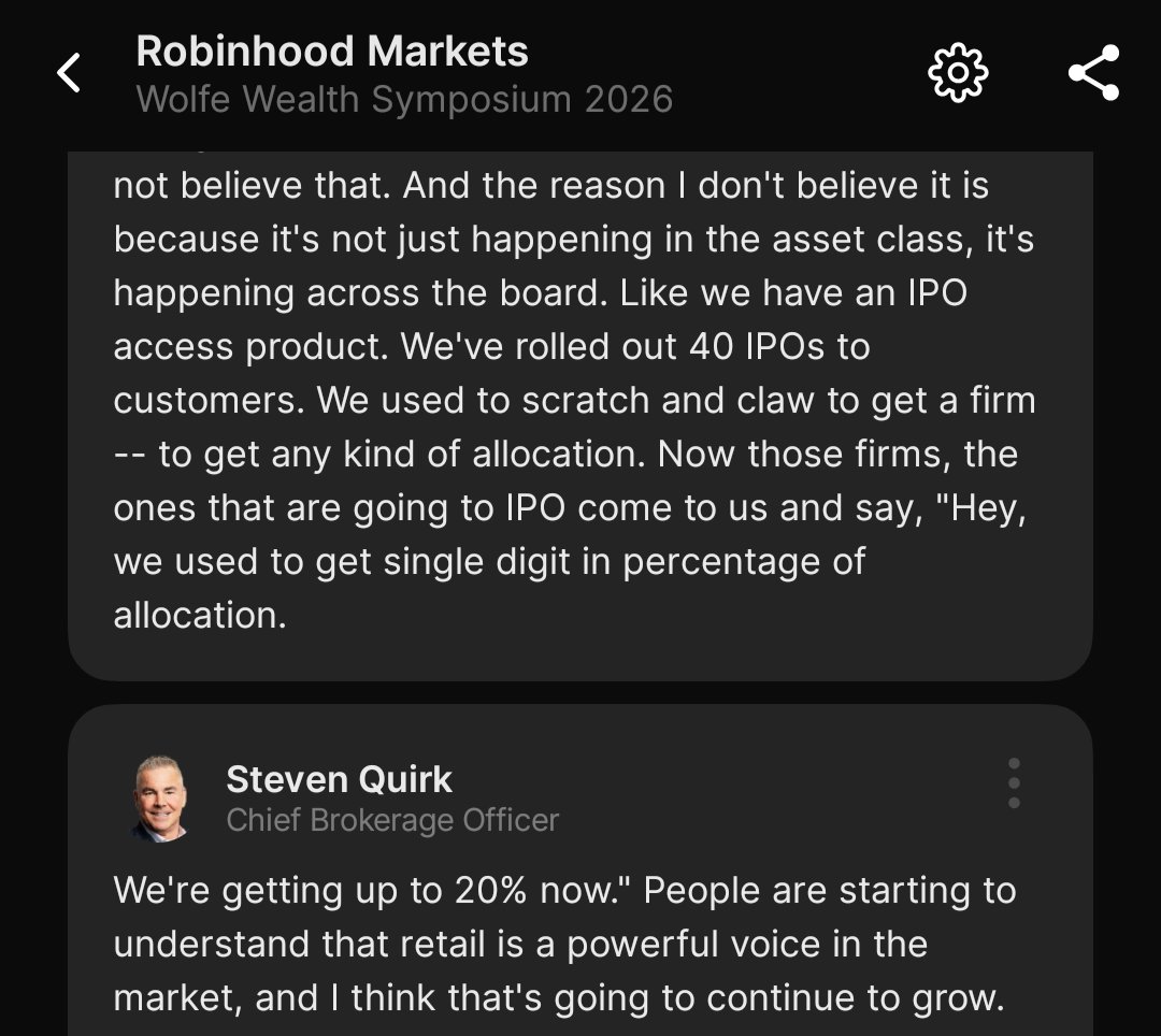 $HOOD Robinhood was involved in two fireside chats today.

Steven Quirk @ Wolfe Wealth Symposium

NEW ACCOUNTS

Custodial and trust accounts will be delivered next year. Mutual funds, fixed income, and more account types (like corporate) will be delivered in 1.5 years.

Related,