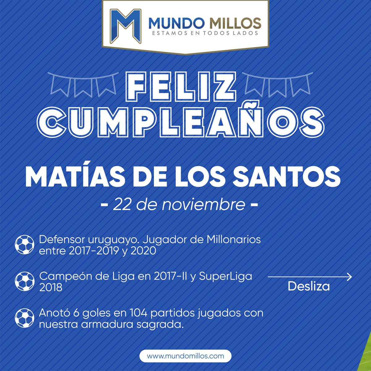 MundoMillos's tweet image. #CUMPLEAÑOS defensa uruguayo. Pasó por Millonarios en dos ciclos (2017-2019 y 2020-2021), fue campeón con el Embajador de Liga en 2017-II y Superliga 2018, y anotó 6 goles.

Felicitamos a Matías De Los Santos hoy en su cumpleaños 33 🎁🎂🍾🎉🥳

#EstamosEnTodosLados