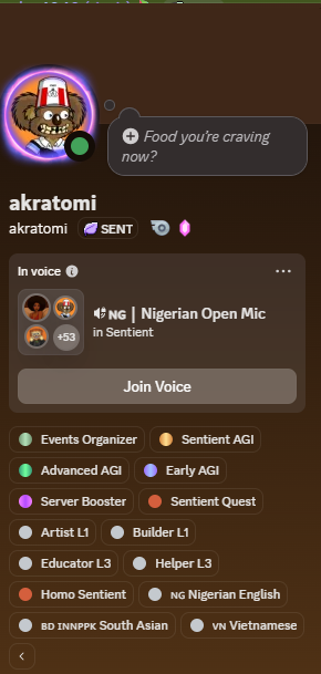 akratomi's tweet image. Finally guys, I have the highest role in @SentientAGI discord server. Thanks to @ruthedinlove who gingered me to push further. 
Special thanks goes to our amiable and accommodating Moderator @Krypto_Kratos  for the chance to give my best. 
Sentient is taking over.
#SentientChat