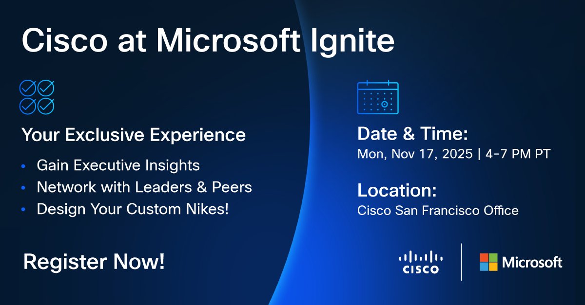 CiscoNetworking's tweet image. Attending #MSIgnite? Maximize your experience! Join us for an exclusive in-person event.
 
Limited spots available—secure your invitation today! 👇

Register now: cs.co/60177nL5B