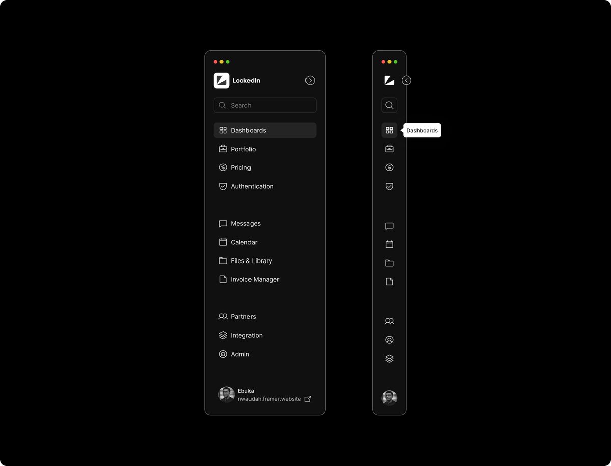ebuka_ux's tweet image. Day 1 of #50DaysUIChallenge
Navigation &amp;amp; Search.

Clean responsive layout with thoughtful spacing. Menus feel alive with hover/pressed states, and minimized icons show tooltips for clarity. Simple &amp;amp; intuitive.

#BuildInPublic #UXDesign #DesignTwitter #DailyUI