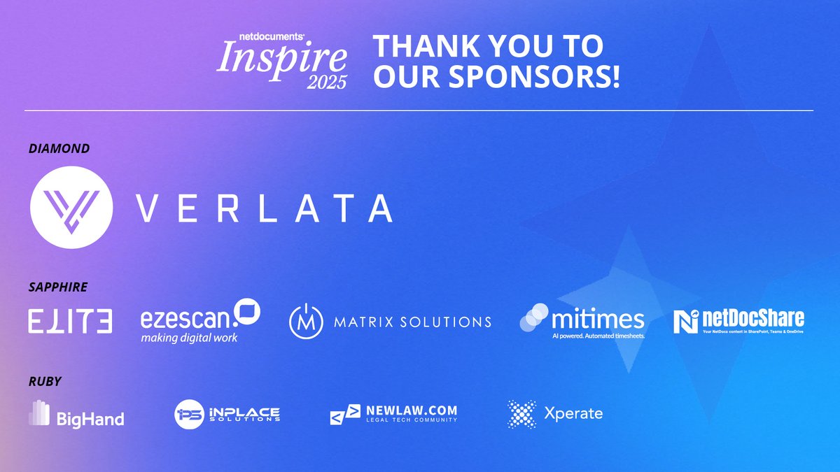 netdocuments's tweet image. We’re off to Melbourne next week for Inspire #APAC 2025! A huge THANK YOU to our incredible sponsors whose support helps bring our community together for this incredible event.

👉 There’s still time to join us: netdocuments.com/events/inspire…
#NDInspire25