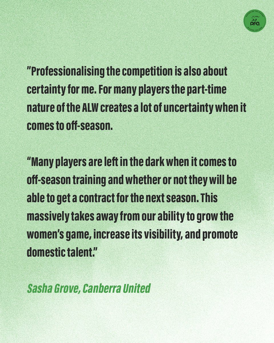 We asked Grace Maher and Sasha Grove a simple question: what would full-time professionalism mean for you?
 
Stability. Certainty. The list goes on.
 
Swipe across to read their full responses.

Read the full PFA A-League Women report: pfa.net.au/news/pfas-a-le…
