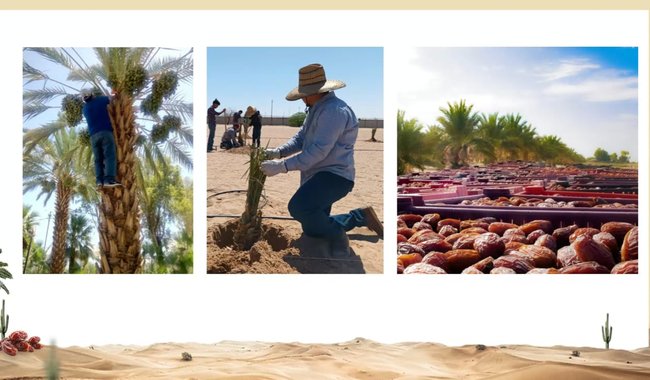 Collage of three images showing date palm activities. Left panel depicts a person climbing a tall date palm tree with a blue shirt and rope. Middle panel shows a man in a blue shirt and hat kneeling to plant a young date palm sapling in sandy soil with a group of people in the background. Right panel displays rows of harvested red dates spread out on the ground under a clear blue sky with distant palm trees.