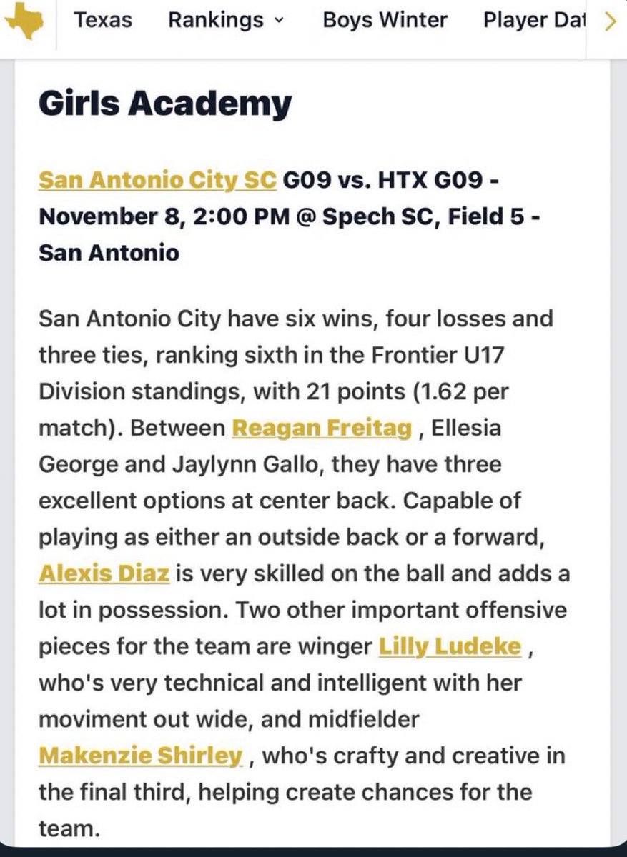 Thank you for the mention. <a href="/PrepSoccerTX/">Prep Soccer Texas</a> <a href="/PrepSoccer/">Prep Soccer ⚽️</a> 
<a href="/sacitysc/">San Antonio City Soccer Club</a> <a href="/ocvgsoccer/">OCGirlsSoccer</a> <a href="/6a_28/">SA High School & Club Soccer</a> <a href="/ImYouthSoccer/">ECNL/GA/Recruiting/College Soccer</a>