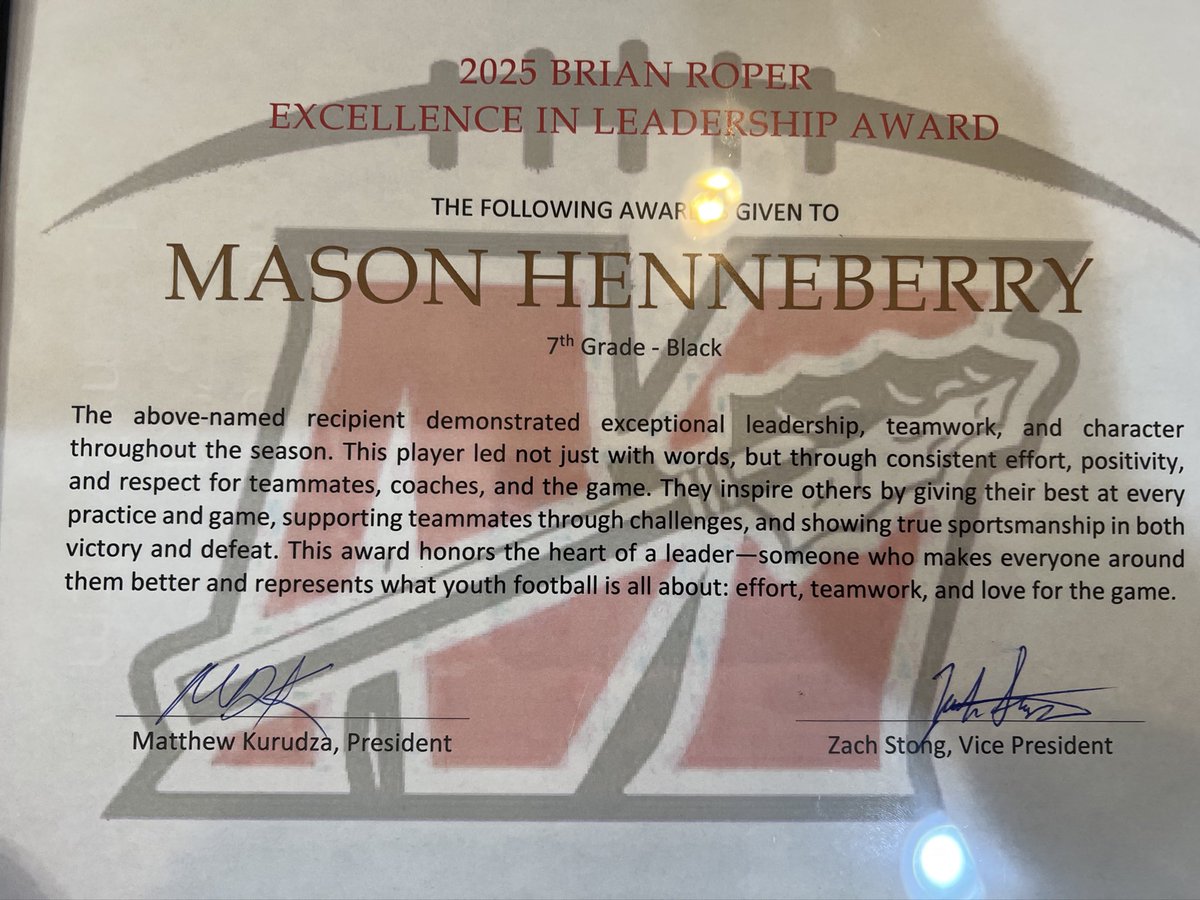 Award Season 🏈 

Ultra proud of our Waterboy, Mason Henneberry who won the first Annual MYF Leadership award for displaying high quality characteristics throughout the season. 

Given to one player on each MYF team.   #7thGradeBlack
<a href="/1WarriorMHS/">1WARRIOR</a> <a href="/MuskegoHSFB/">Muskego Football</a> <a href="/MuskegoGridiron/">Muskego HS Grid Iron</a>