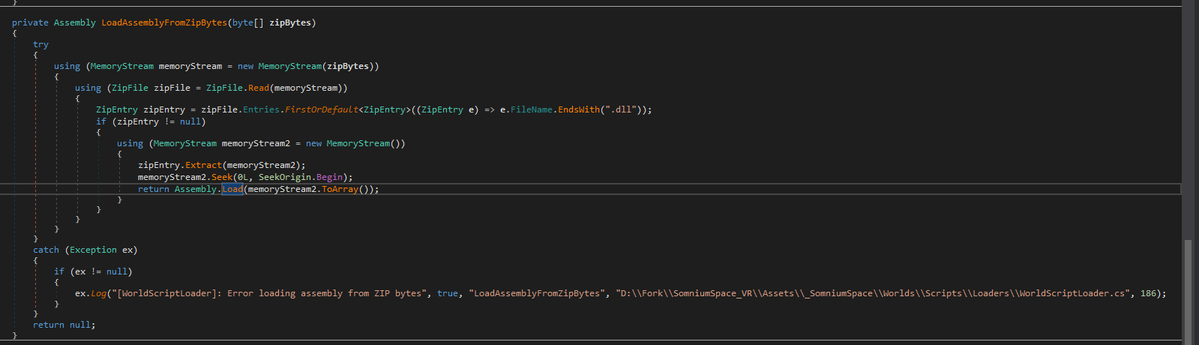 whatdahopper's tweet image. Ykw, I don&apos;t even need to do that... So you all know how Artur was yapping about how unsafe VRChat is and how Somnium is so safe and has C# scripting?

TURNS OUT, THEY JUST FUCKING ASSEMBLY.LOAD THE COMPILED ASSEMBLY WITH ZERO CHECKS. ZERO, NONE. THIS IS EXTREMELY DANGEROUS!!