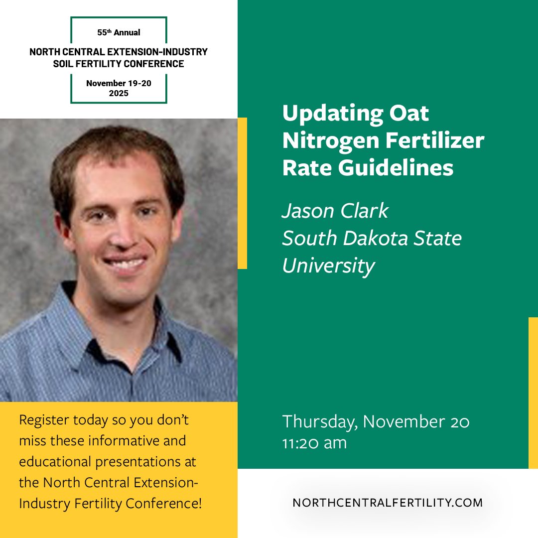 NorthCentralSFC's tweet photo. Plan to attend Jason Clark’s presentation "Updating Oat Nitrogen Fertilizer Rate Guidelines" at the 55th Annual North Central Extension-Industry Soil Fertility Conference. For more information, visit: https://t.co/fHR2GHFvh7 
#soilfertilityconference #55thNCSFC #NorthCentralSFC https://t.co/IkqVaQWYWH