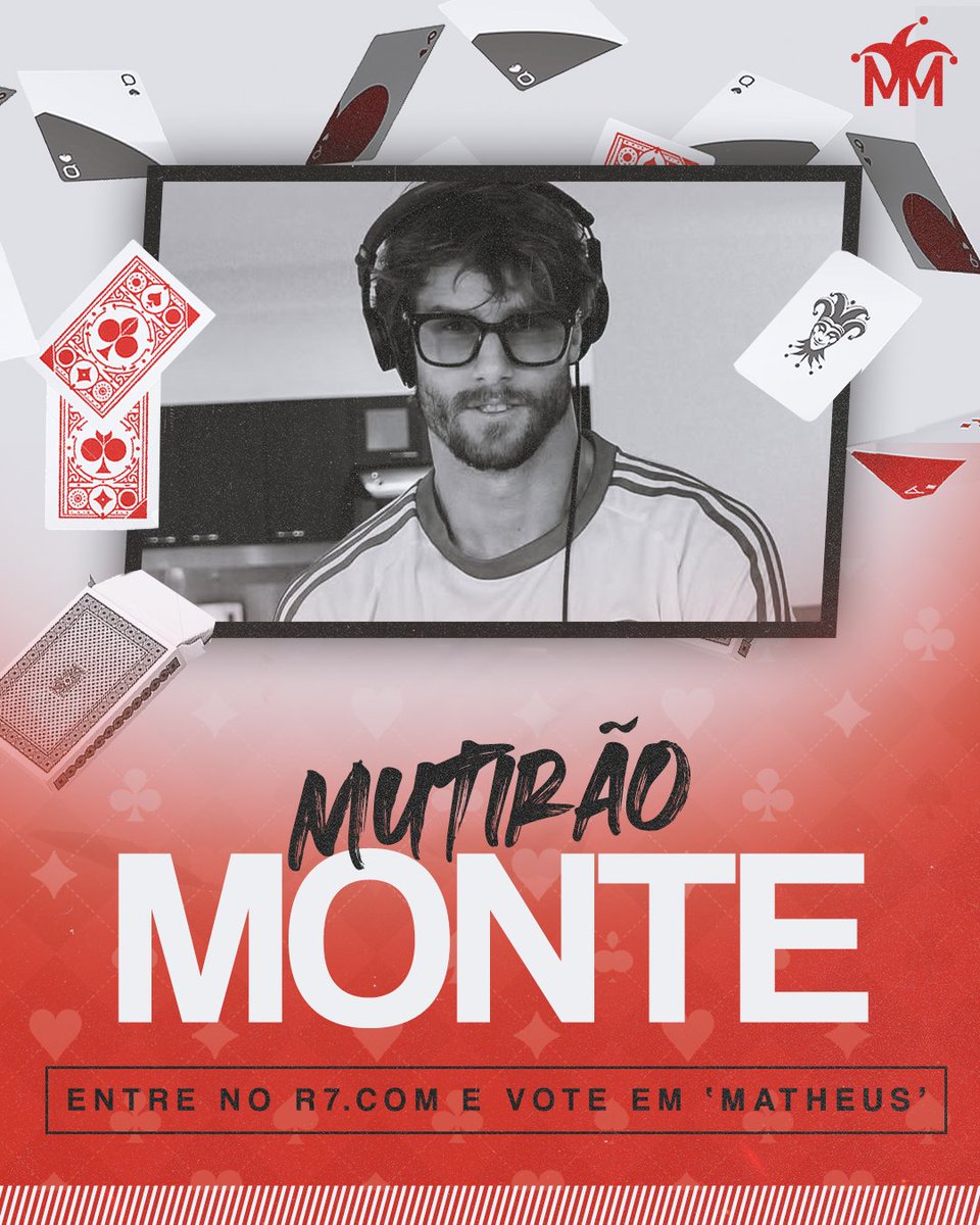 eumathmm's tweet image. 🃏 MUTIRÃO MONTE INICIADO! 🃏

🗳️ A CADA 10 VOTOS, COMENTE UM EMOJI AQUI.

🎯 META: 500 COMENTÁRIOS.

✅ O voto é para SALVAR. Vote em MATHEUS!

⏰ Encerra às 12h.

📲 record.r7.com/a-fazenda/a-fa…

#FicaMatheus #AFazenda17