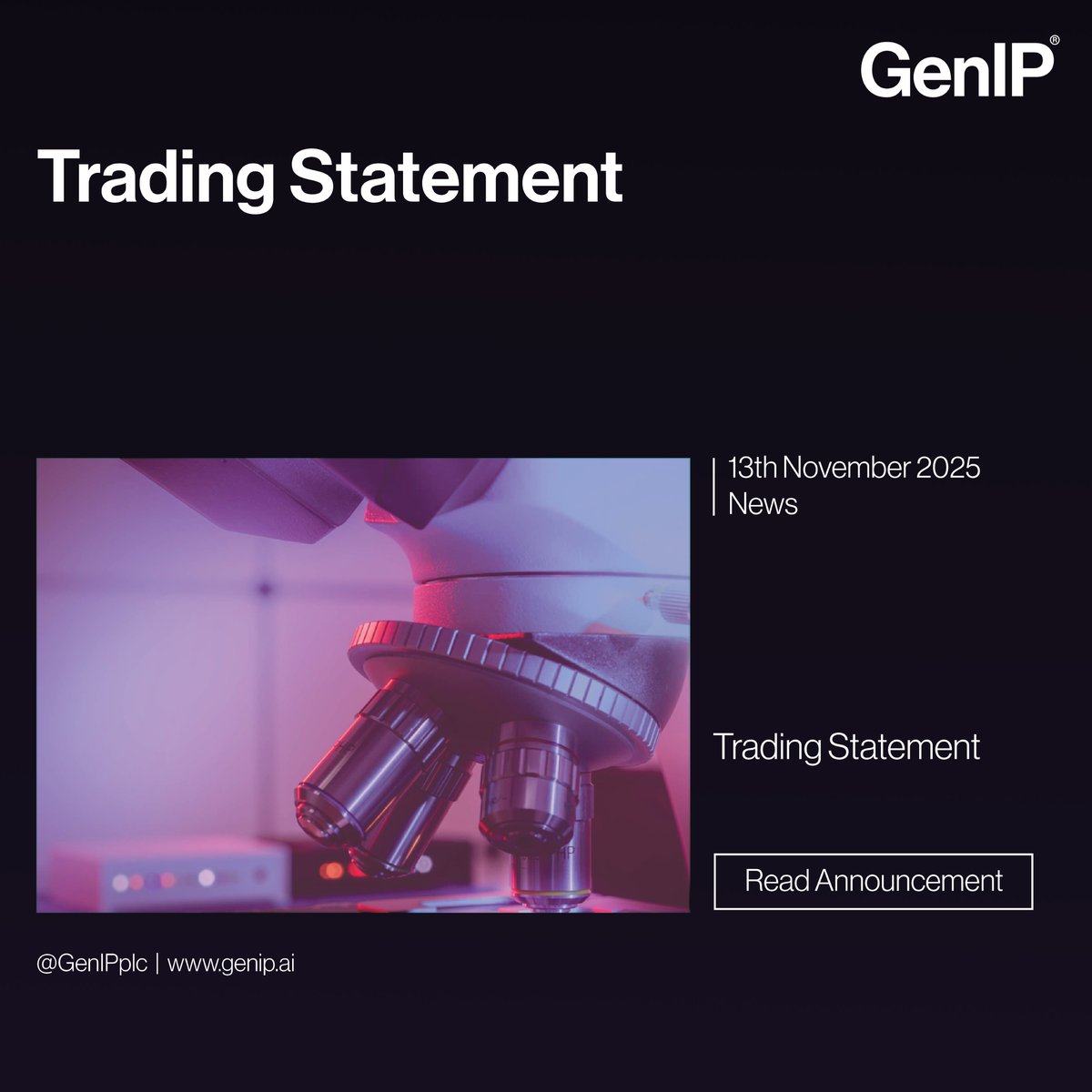 GenIPplc's tweet image. Trading Statement

GenIP&apos;s performance has strengthened markedly in the second half. Since 30 June 2025, revenue has accelerated as the prepaid orders for AI-powered analytical assessments are delivered to clients.

Read now: londonstockexchange.com/news-article/G…