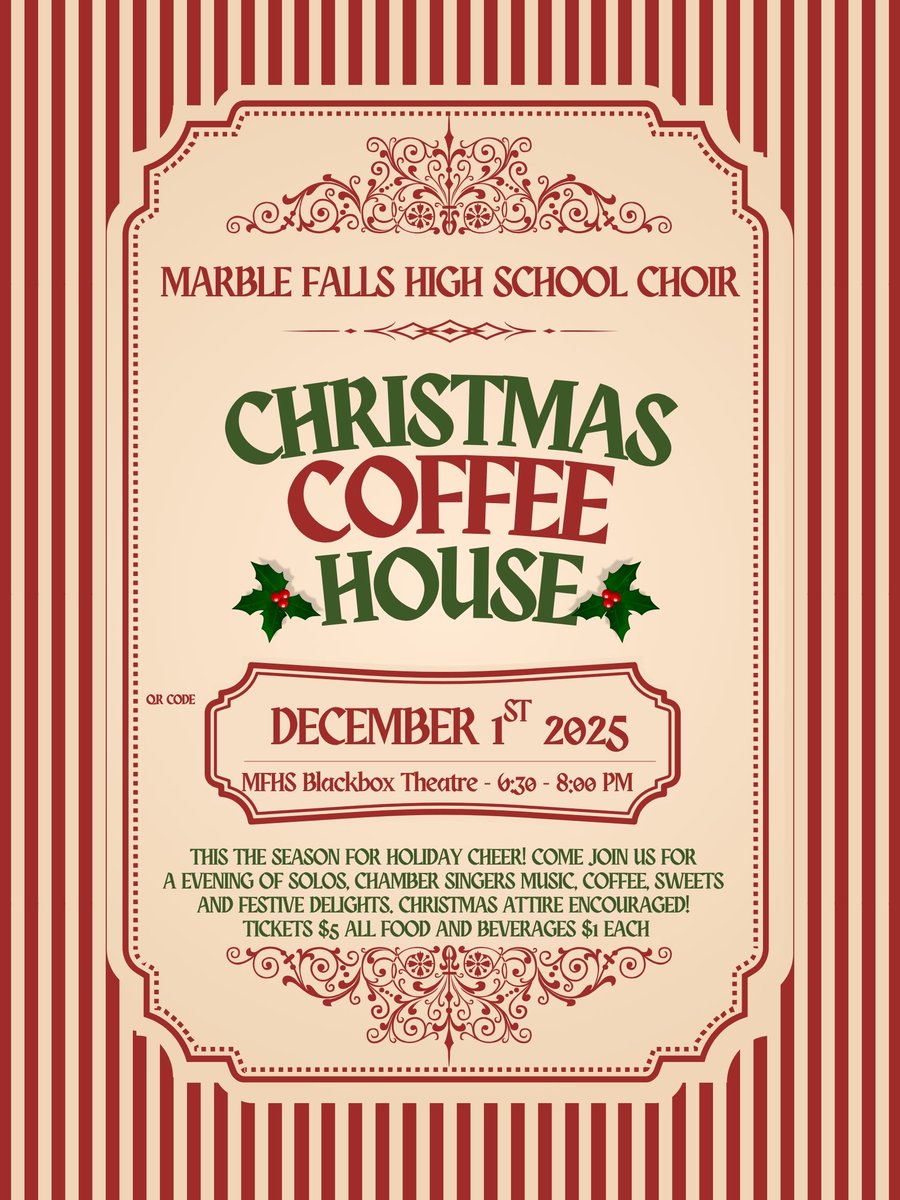 Christmas Coffee House! Mon, Dec 1st - 6:30 - 8:00 PM Come &amp; Go or Come &amp; Stay! $5 and there will be Coffee and Homemade Sweets to purchase.  MFHS Blackbox Theatre Christmas Solos from the MHFS Choir Students/Chamber Singers. Link to purchase tickets is mfisd.revtrak.net/High-Schools/M…