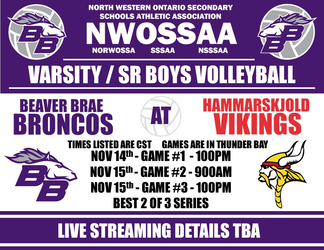 Best wishes &amp; safe travels on Thursday to our Varsity Boys Volleyball team. The winner of the Best 2 of 3 Series this weekend will advance to the OFSAA "AA" Division Provincial Championships in Orillia Nov 20th - 22nd

We will update as soon as livestreaming details are available