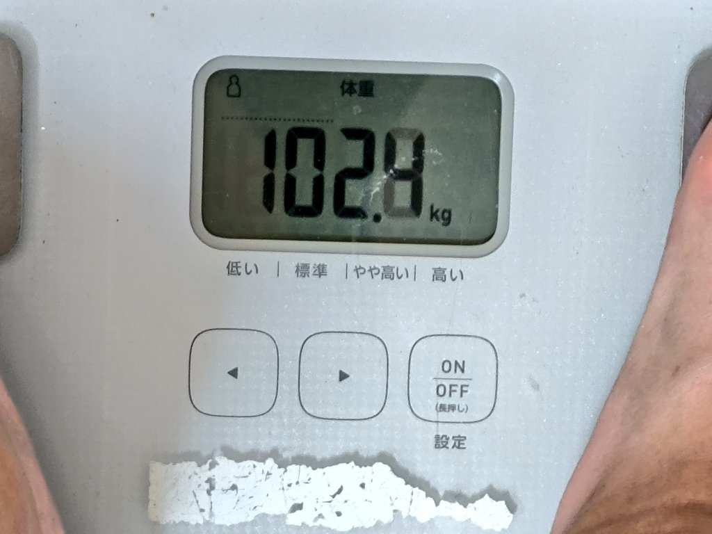 kemoconの時にやせた？と聞きまくられたので体重測定、3ヶ月前が108Kgくらいまで育っていたのでそこからみると5キロ強の減量かな？