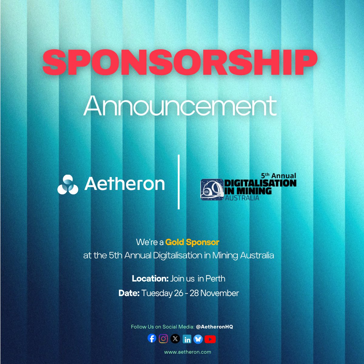 Aetheronhq's tweet image. Aetheron x @MiningInnovNet 

We are thrilled to announce that Aetheron is a Gold Sponsor of the upcoming 5th Annual Digitalisation in Mining Australia Conference, a leading national event bringing together mining leaders, technology innovators, and decision-makers shaping the…