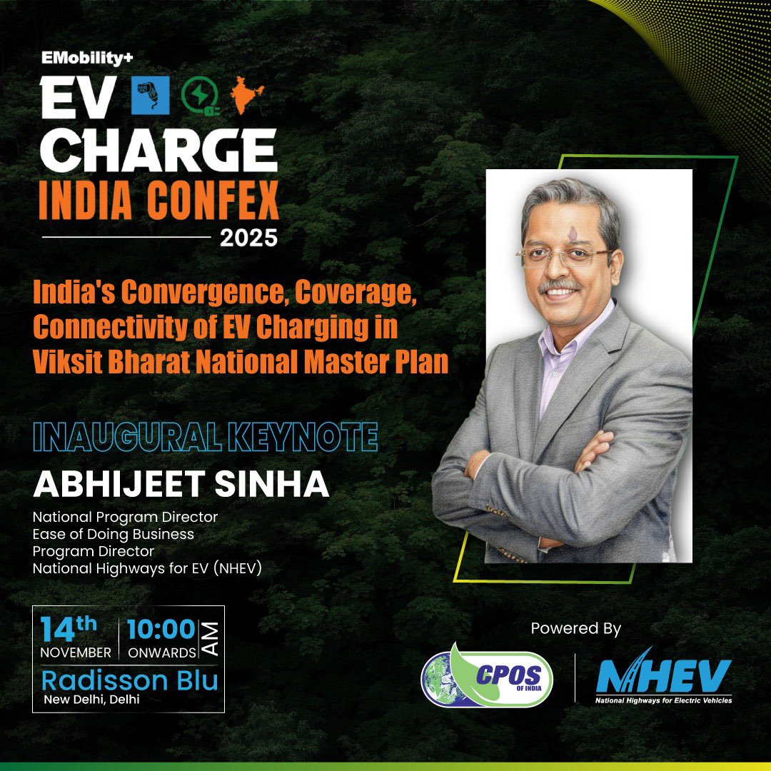 India's CCC of EV Charging in #ViksitBharat National Masterplan : Keynotes from our Emeritus President Sri <a href="/Abhijeet_Sinhaa/">Abhijeet Sinha</a> tomorrow at EV Charging Confex 2025 Radisson Blu, Airport New Delhi, India.