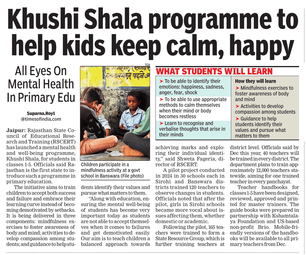 #Rajasthan edu dept has launched a mental health &amp; well-being programme, Khushi Shala, for students in classes 1-5
Officials said #Rajasthan is the 1st state to introduce such a programme in primary edu
Aims to teach kids to accept both success &amp; failure
<a href="/TOIIndiaNews/">TOI India</a>