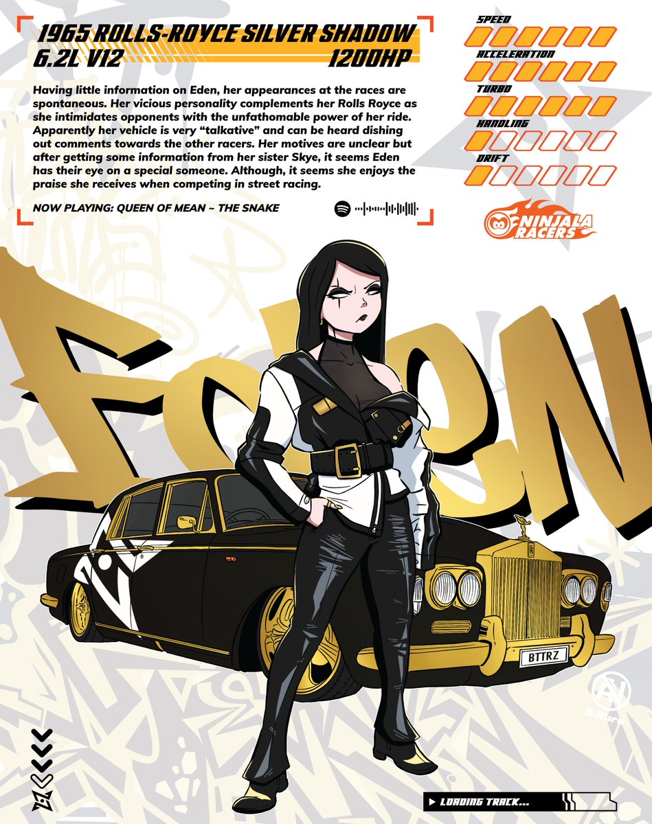 BookerKuro's tweet image. Conquering the streets comes Eden! She has gained a reputation as a vicious opponent that nobody wants to face. Overpowering the racers with her Rolls Royce, nothing can stop this machine from passing you 🔥
#NinjalaRacers 
#Ninjala #ニンジャラ #Ninjalaart