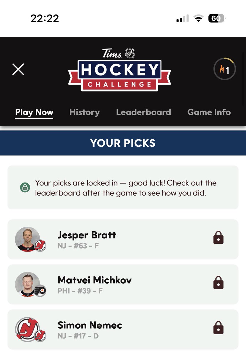Need Jesper Bratt for the Hat trick in my <a href="/TimHortons/">Tim Hortons</a> pick ‘em for today.