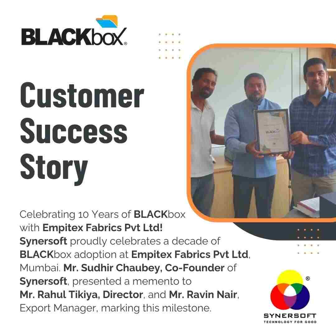 SynersoftTech's tweet image. Huge congrats to Empitex Fabrics! We mark 10 years of BLACKbox adoption, delivering top security and an amazing 60% cost savings!

Thank you for the decade of trust. 🙏

Full Success Story: synersoft.in/case-study-emp…

#CustomerSuccess #BLACKbox #10Years #ITSecurity #CostSavings
