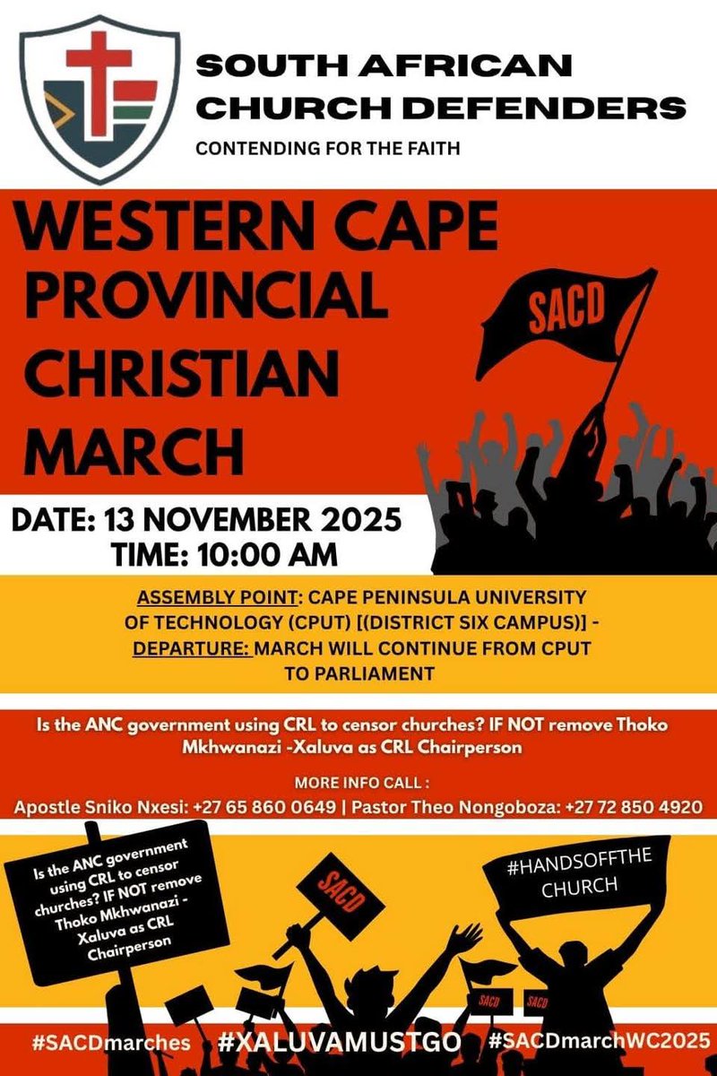 Olugaho11's tweet photo. #HandsOffTheChurch
Our Constitution protects our right to worship freely. Let’s defend that right together! Join the march against CRL interference — because the Church belongs to Christ, not to government. 🇿🇦 #StopCRL @CRL_Commission @ParliamentofRSA @PresidencyZA https://t.co/5DEN6u2QJ0