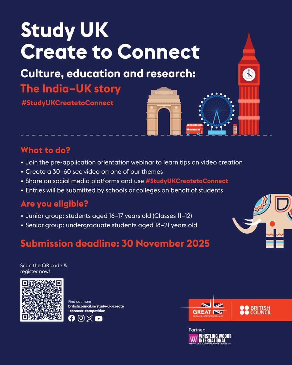 inBritish's tweet image. ⏳ The countdown begins!
Schools and colleges, here’s your reminder - submissions for the #StudyUKCreateToConnect competition close on 30 November 2025.

Don’t wait till the last moment - start creating today!
Register now: bit.ly/3WUO05J 

 #StudyUK #GlobalConnections