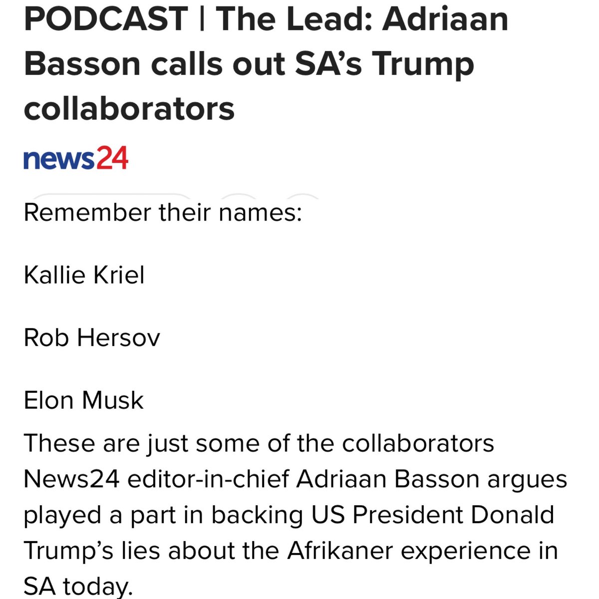 kalliekriel's tweet image. This ludicrous effort by @AdriaanBasson of @News24 to intimidate me, @AfriForum, and others will fail dismally. In fact, it only motivates me to work even harder to promote the interests of the country by opposing harmful policies such as expropriation without compensation. I…