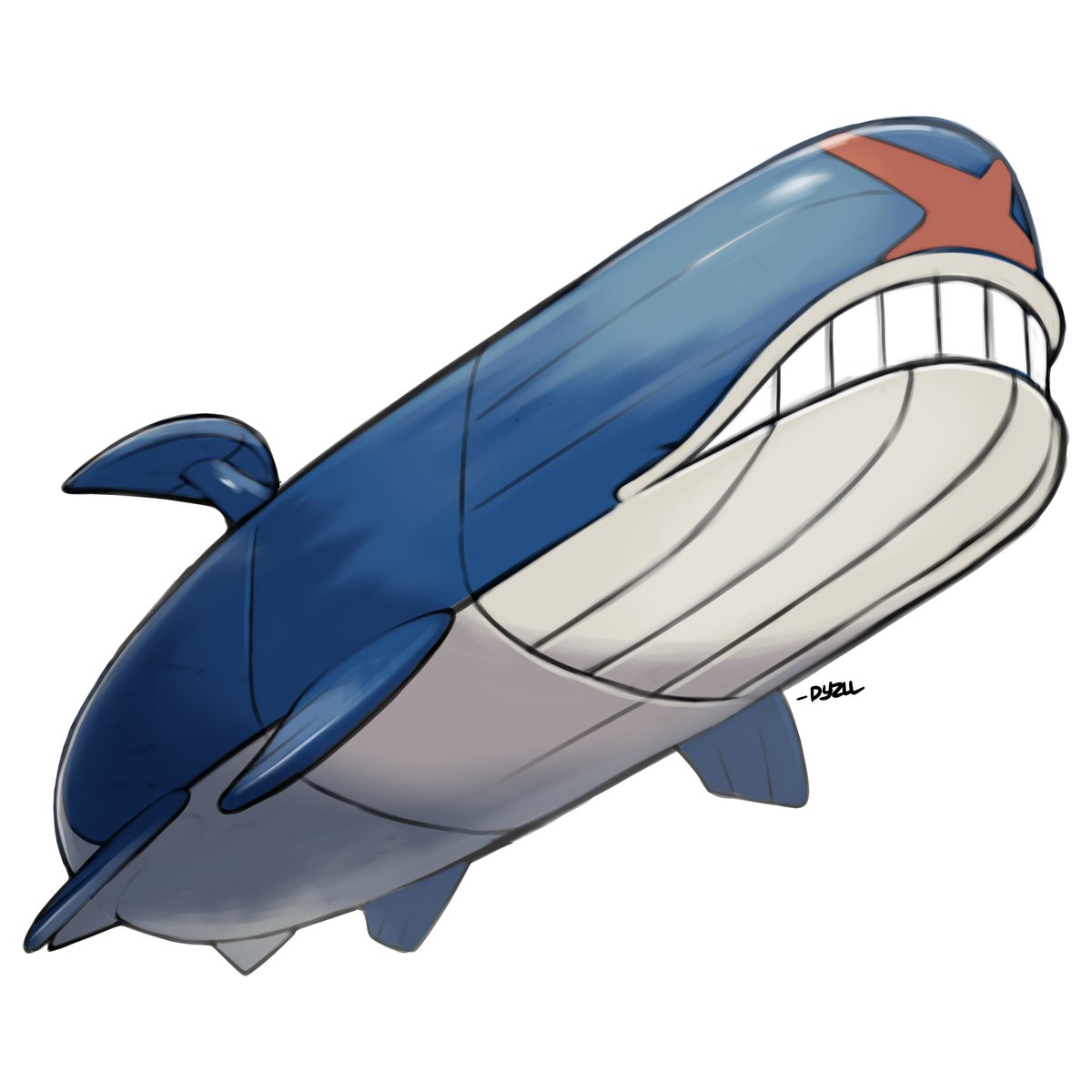#Faketober 18
Mega Wailord

Just a big whale becoming a bigger whale.
It has a scar from ramming through icebergs.
Wailord's a fave of mine because it's a whale.
A big whale.
Hey you, check this out.
It's a big whale.
Also a submarine.
Submarine shaped whale.

#pokemon #fakemon