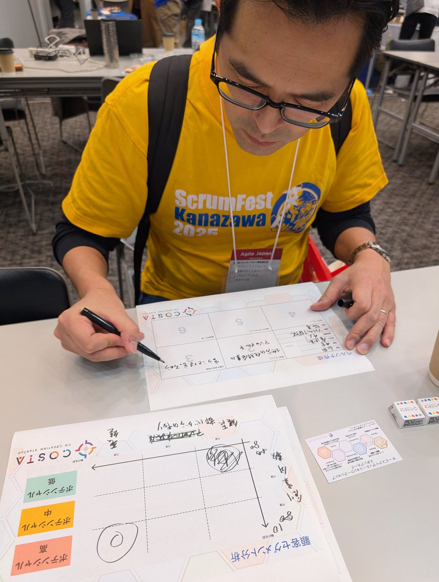 早くも3つ目のワークショップに突入してくれている方も出てきましたー！
ちなみに、何度か参加してくれると追いチョコを配らせてもらいますのでよろしくお願いしまーす！(1回目、3回目、6回目)
それにしてもこの方、めちゃくちゃスクフェス金沢をアピールしております！
#agilejapan