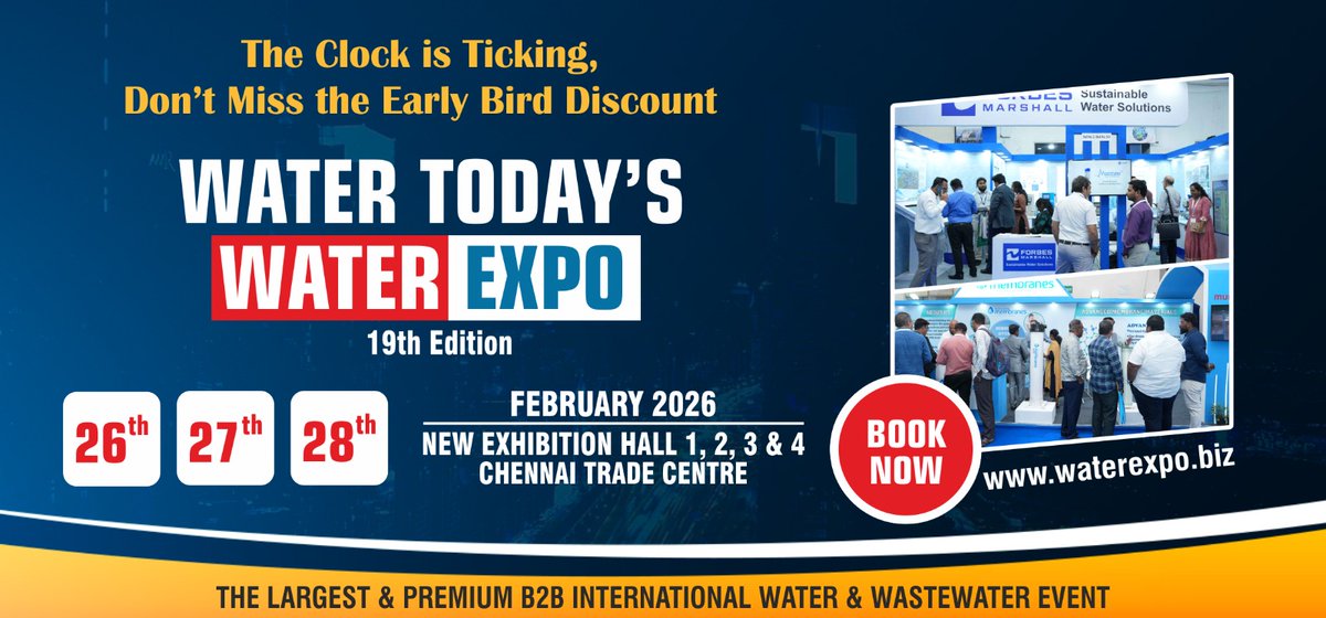 WaterToday101's tweet image. Discover next-gen tech for water &amp;amp; wastewater management at Water Expo 2026! 💧
Automation • Treatment • Sustainability
📍 Chennai | 📅 Feb 26–28, 2026
#WaterExpo2026 #WaterTech #CleanIndiaMission #IndustrialSolutions