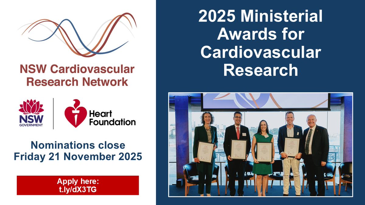 NSWCVRN's tweet image. Still time to nominate for the Ministerial Awards! Celebrate breakthroughs in cardiovascular research and recognise those who inspire you.  

👉Nominations close Friday 21 November 2025: shorturl.at/fgEjQ