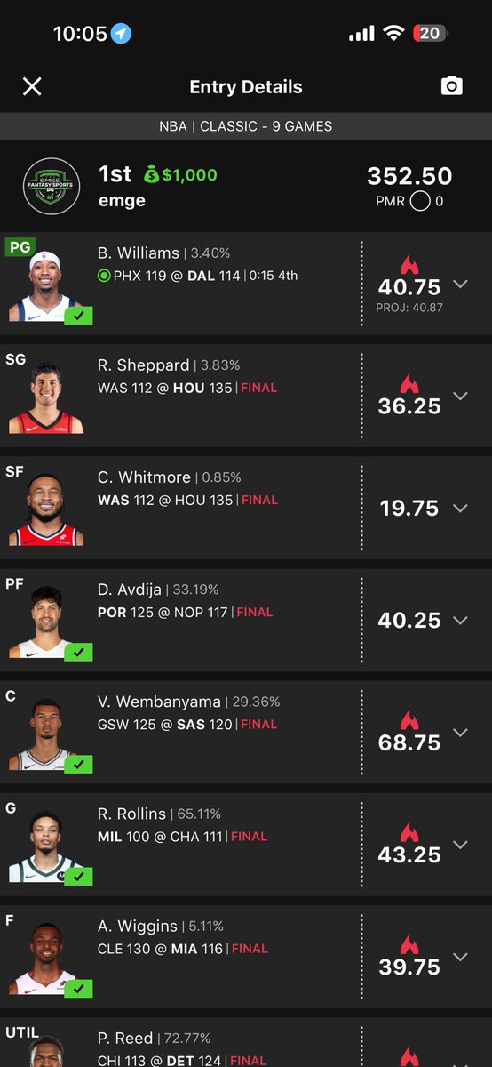 emgeFantasy's tweet photo. Took down a GPP with a single bullet after coming close to taking down a GPP last night if it was t for Pacers/Jazz blowout. 
That’s 2 nights in a row using my own DvP system. #NBA #DFS #DraftKings  
My new DvP system will be available soon. Like this if you want to learn more! https://t.co/aghMi8WXp1