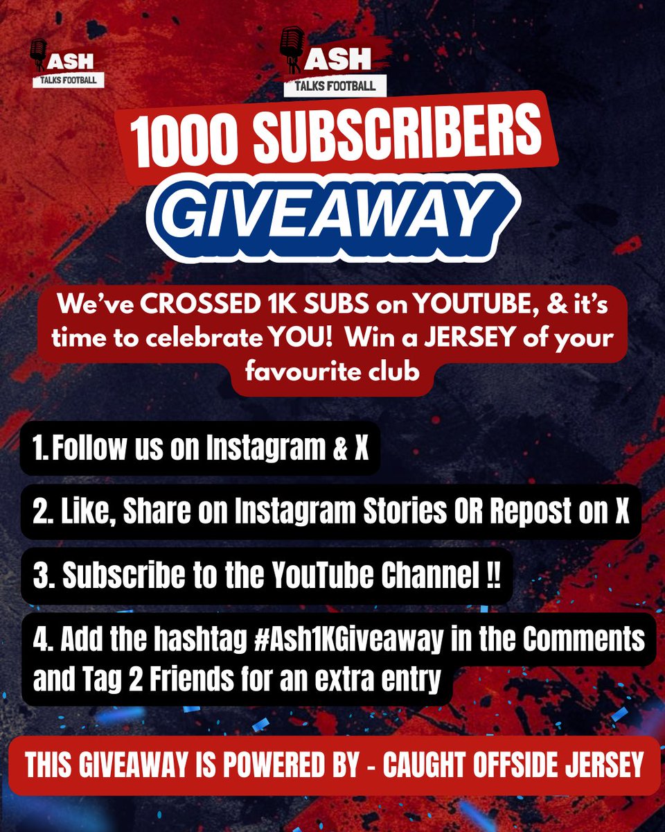 1K YouTube GIVEAWAY as promised🎉 Thank you all for the LOVE, Its time to celebrate my loyal subscribers - Special thanks to Caught Offside Jersey for powering this giveaway - Follow them on Instagram to buy exclusive customized jerseys of your favourite football clubs⚽️🧤-